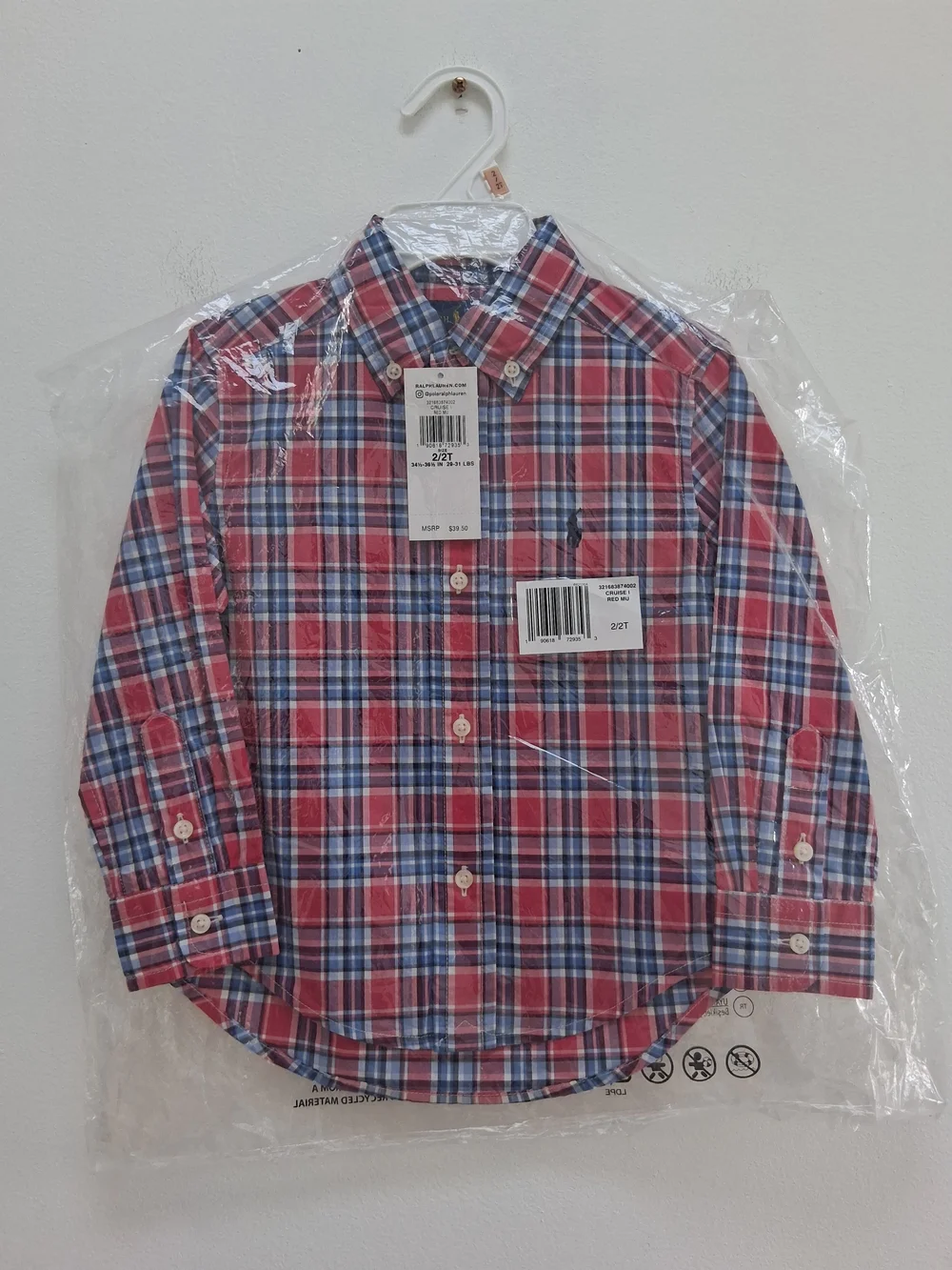 Ralph Lauren Boys' Red Blue White Plaid Button-Up Shirt Size 2/2T Preppy Casual